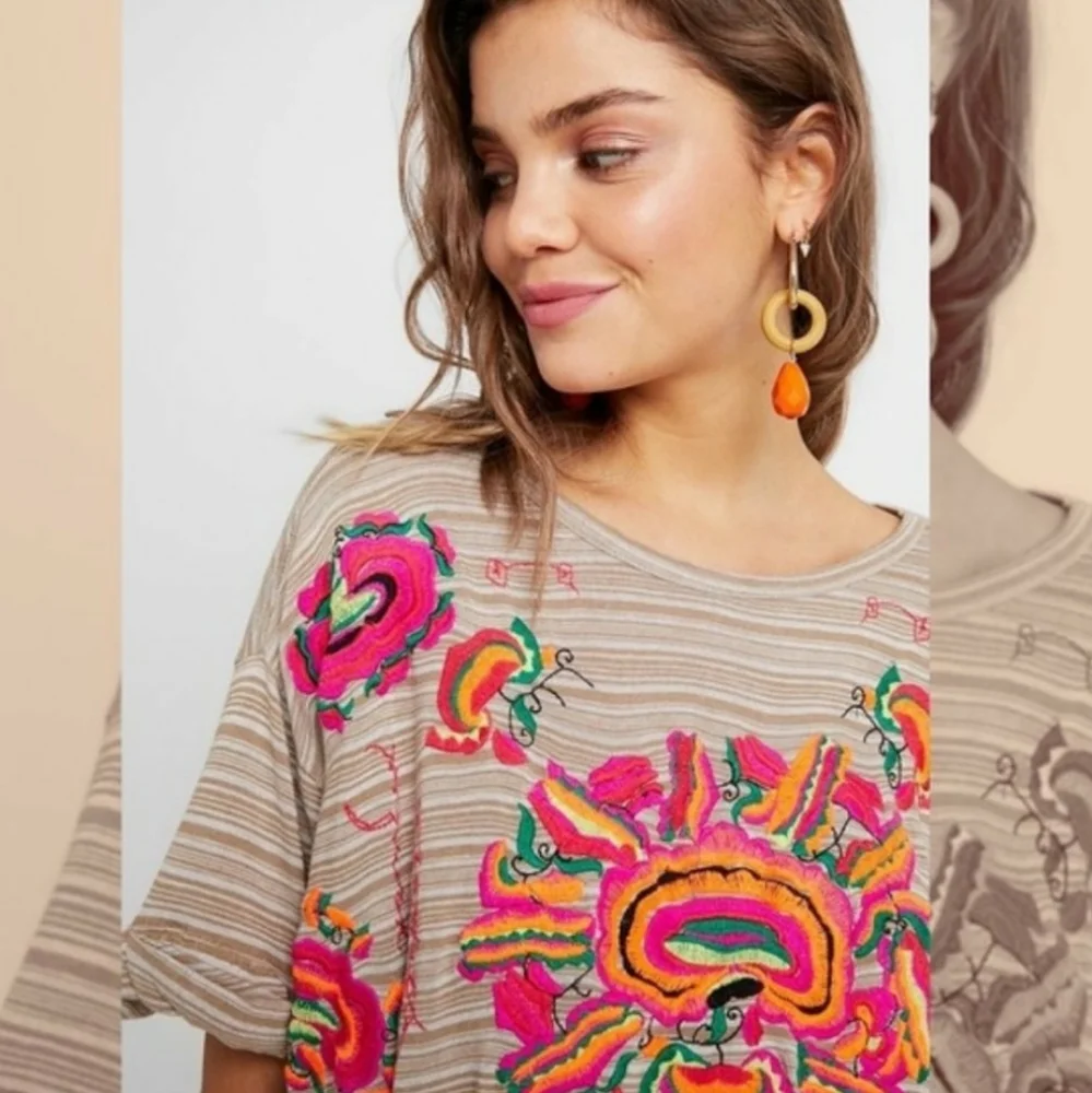Free People Catalunya Embroidered Oversized Cropped Top in Mushroom Combo Size L - Picture 8 of 16